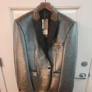 Roberto Cavalli Silver Metallic Single-Breasted Tuxedo Jacket